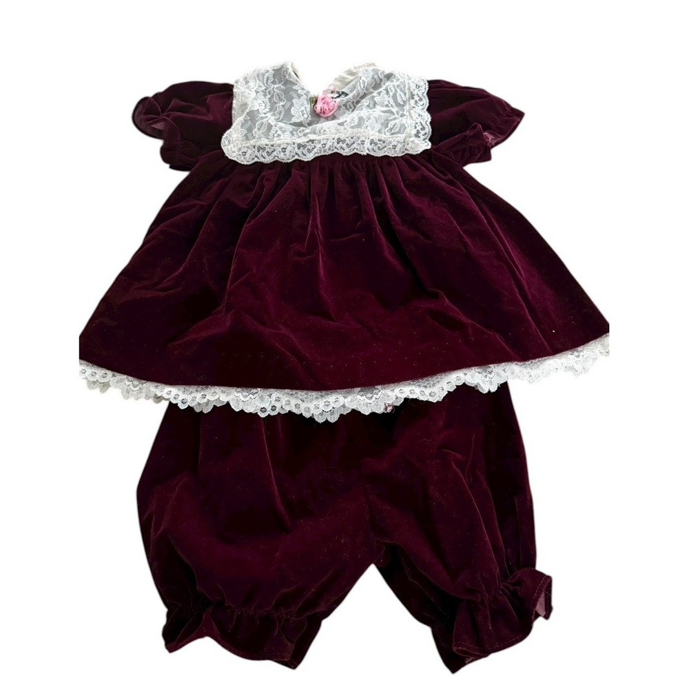 Vintage Velvet Dress Bloomers Jo Lene Size 18  Months Burgundy Lace  Ruffle USA
